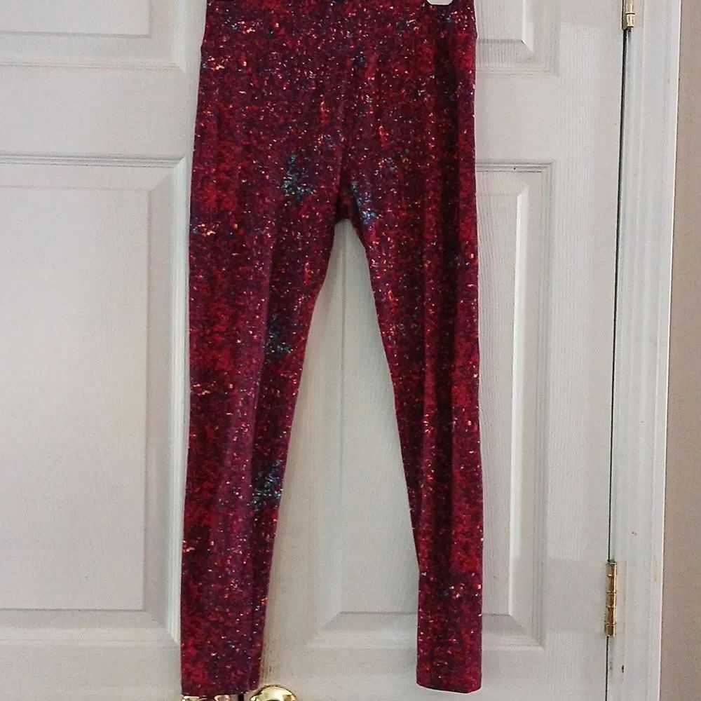 Lularoe speckled maroon blue red cream designed print leggings   Sz One Size  EU
